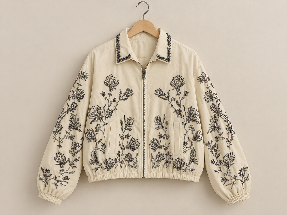 Jacket beig y flores brillo