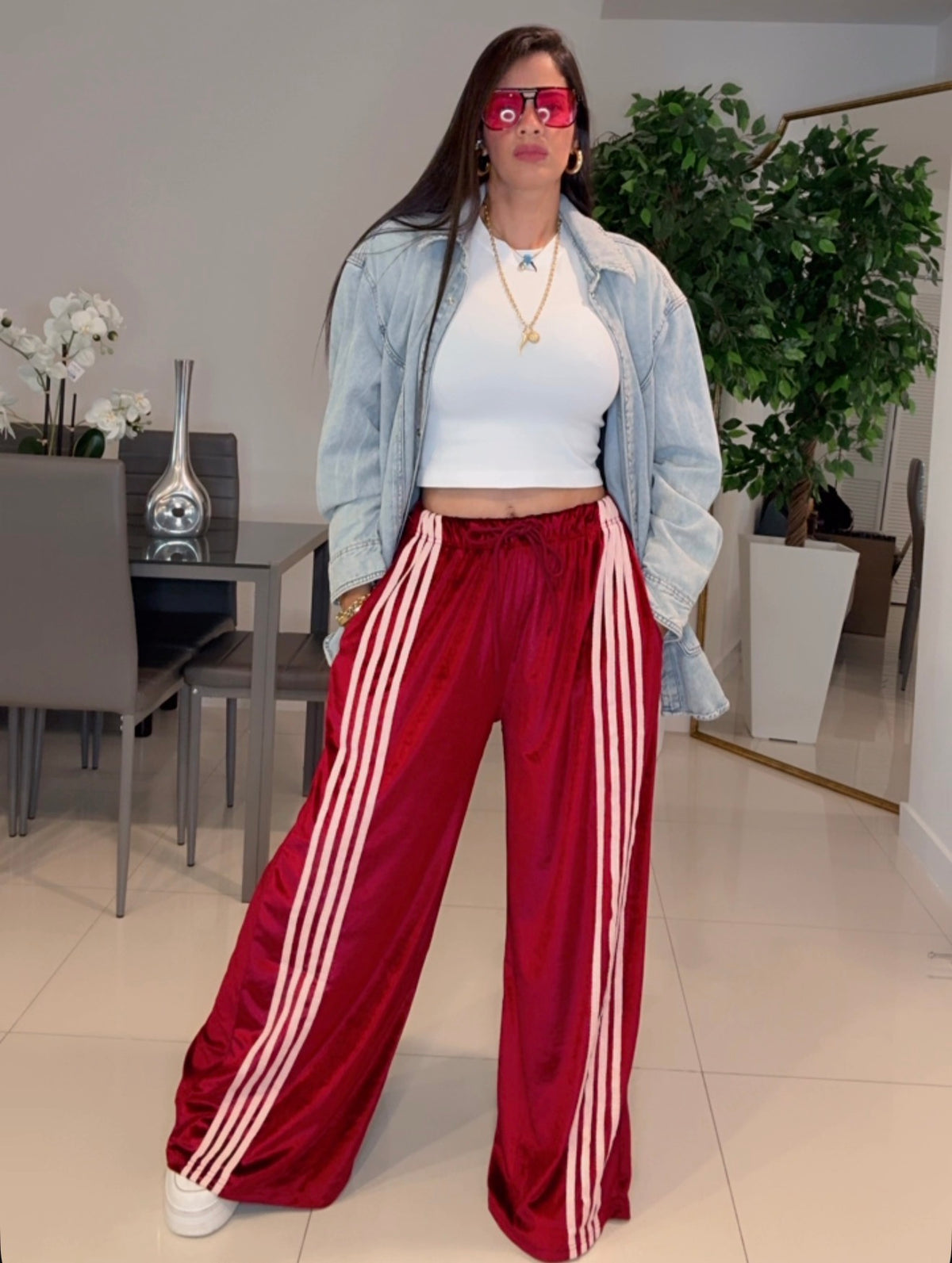 Gamuza pants vino y Rosa