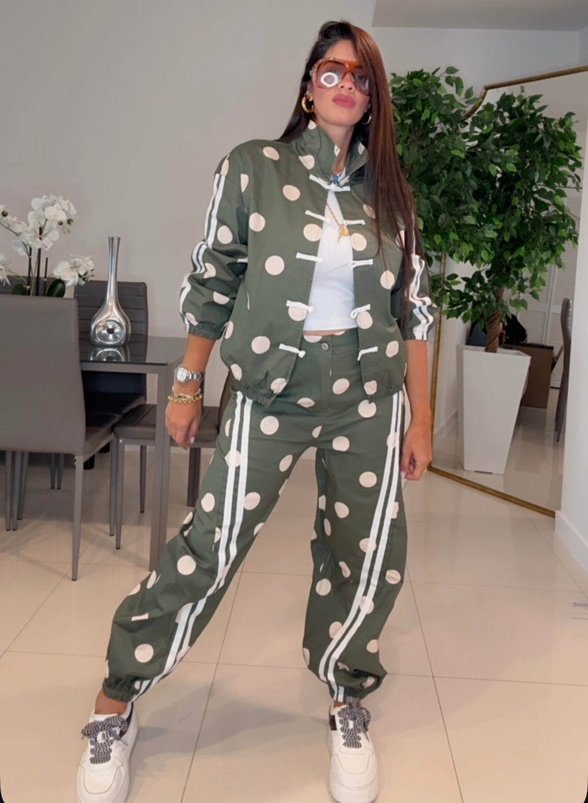 Set polka green y beig